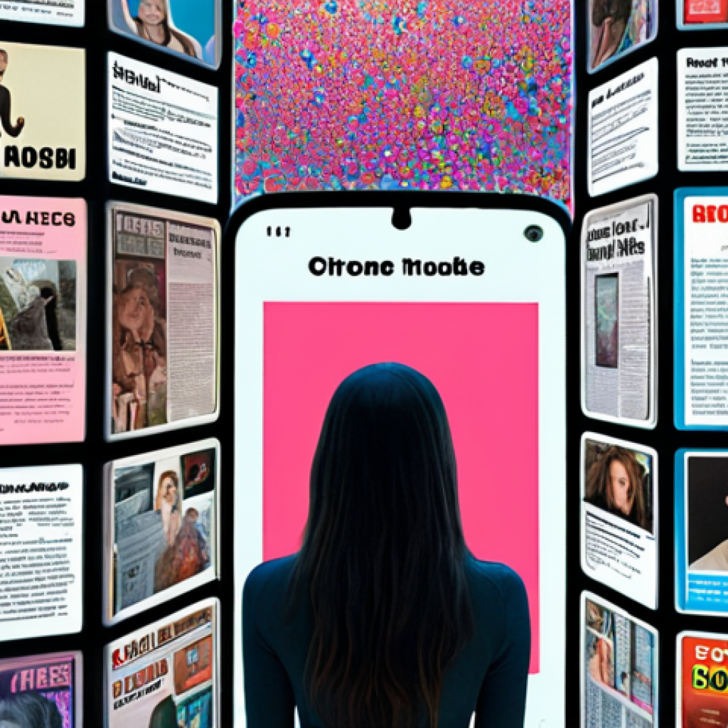 A person trapped inside a giant smartphone screen, surrounded by personalized ads and news articles, symbolizing a "filter bubble." Emphasize feelings of isolation and being overwhelmed. Use a color palette of bright, attention-grabbing hues that clash with a sense of confinement.