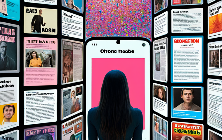 A person trapped inside a giant smartphone screen, surrounded by personalized ads and news articles, symbolizing a "filter bubble." Emphasize feelings of isolation and being overwhelmed. Use a color palette of bright, attention-grabbing hues that clash with a sense of confinement.