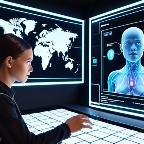 Home 6 **Prompt:** A futuristic personal AI assistant curating personalized content on a holographic display, surrounded by data streams and user interface elements, emphasizing efficiency and customized information flow.